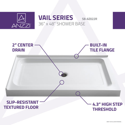 ANZZI Vail 36 x 48  in. Double Threshold Shower Base in White