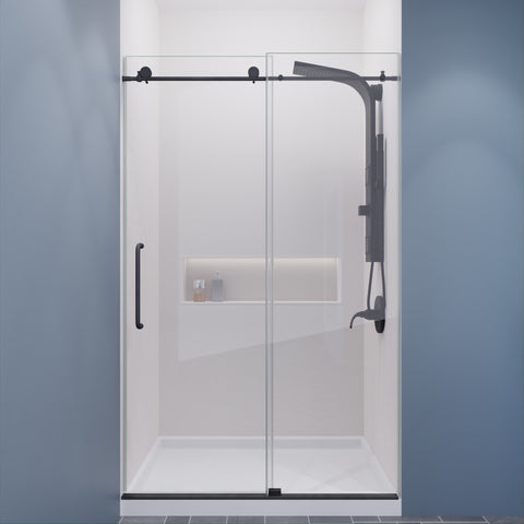 Madam Series 44 to 48 in. by 76 in. Frameless Sliding Shower Door in Gunmetal with Clear Tempered Glass and Tsunami Guard