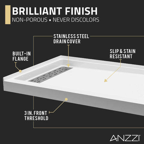 Alexander 60 in. L x 30 in. W Alcove Shower Pan Base with Left Drain in Glossy White Marine Acrylic