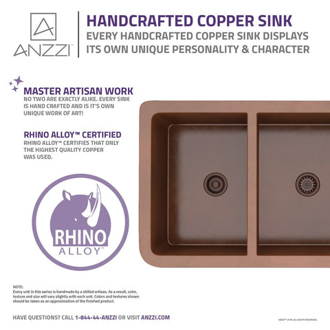 ANZZI Moesia Farmhouse Handmade Copper 33 in. 60/40 Double Bowl Kitchen Sink with Floral Design in Polished Antique Copper