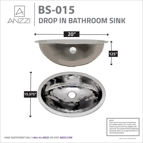 ANZZI Athenian 20 in. Handmade Drop-in Oval Bathroom Sink in Hammered Steel