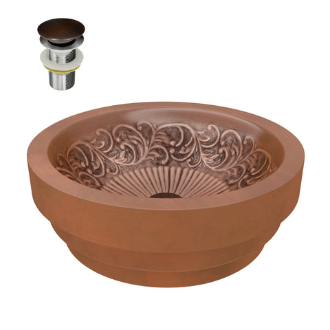 BS-007 - ANZZI Thessaly 17 in. Handmade Vessel Sink in Polished Antique Copper with Floral Design Interior