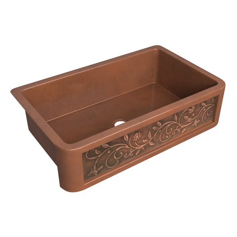 ANZZI Mytilene Farmhouse Handmade Copper 36 in. 0-Hole Single Bowl Kitchen Sink with Floral Design Panel in Polished Antique Copper