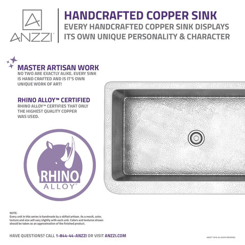 ANZZI Parthia Farmhouse Handmade Copper 36 in. 0-Hole Single Bowl Kitchen Sink in Hammered Nickel