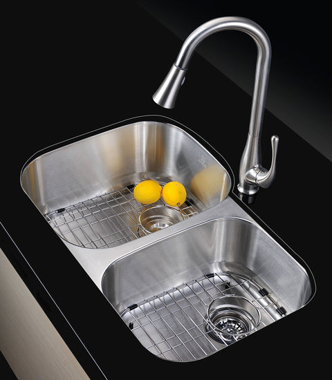 Moore Series 15.75 in. Undermount Double Bowl 16 Gauge Brushed Satin Finish Stainless Steel Kitchen Sink with Drain