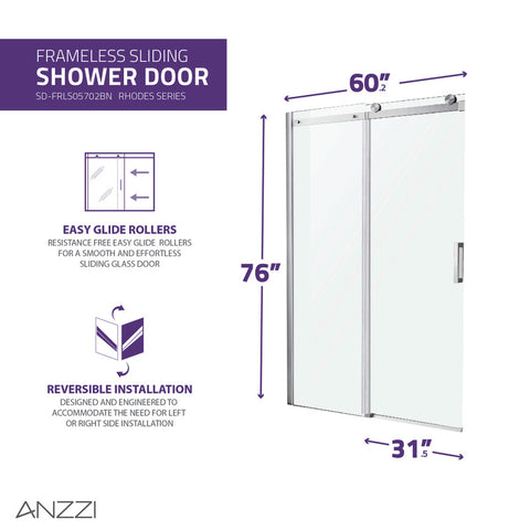 ANZZI Rhodes Series 60 in. x 76 in. Frameless Sliding Shower Door with Handle