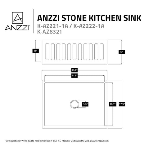 ANZZI Roine Farmhouse Reversible Glossy Solid Surface 24 in. Single Basin Kitchen Sink