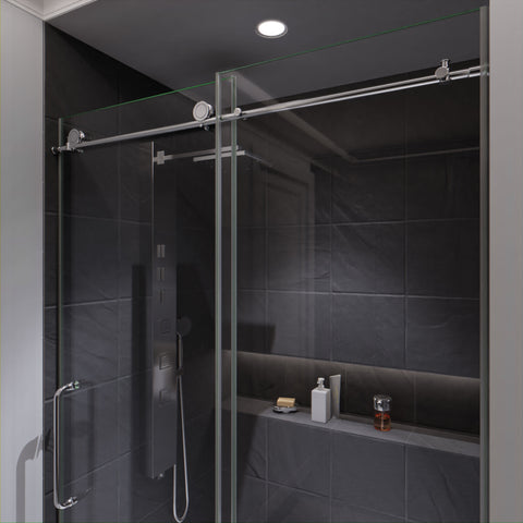 48 in. by 76 in. Frameless Sliding Shower Door in Chrome with Handle