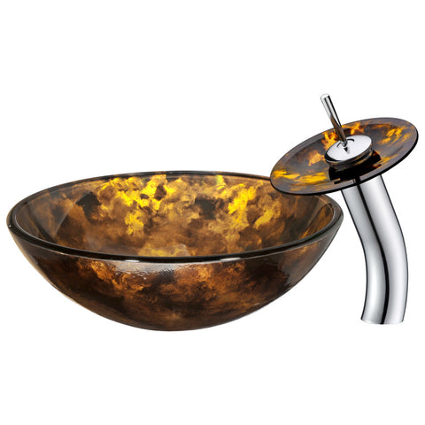 ANZZI Toa Series Deco-Glass Vessel Sink in Kindled Amber with Matching Chrome Waterfall Faucet