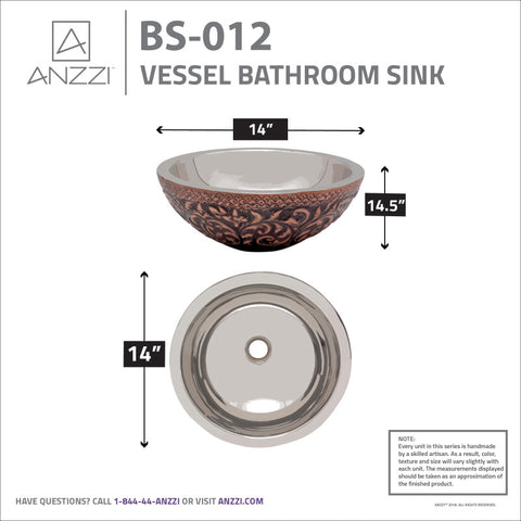 ANZZI Crete 14 in.  Handmade Vessel Sink in Polished Antique Copper with Nickel Interior and Floral Design Exterior