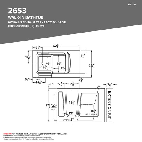 ANZZI 26 in. x 53 in. Left Drain Quick Fill Walk-In Soaking Tub in White