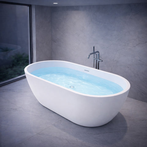 ANZZI Mone Series 67" L Freestanding Soaker Tub with Elegant Contemporary Design, Durable Acrylic Construction, and Built-in Overflow, Glossy White