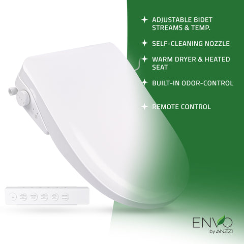 Electric Bidet Seat for Elongated Toilets  with Auto Lid, Heated, Warm Water, Air Dryer,  and Remote in White
