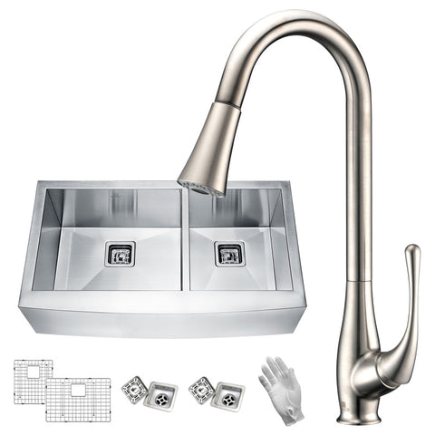 ANZZI Elysian Farmhouse 36 in. 60/40 Double Bowl Kitchen Sink with Faucet in Brushed Nickel