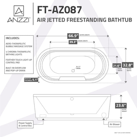 ANZZI Jetson Series 67" Air Jetted Freestanding Acrylic Bathtub in White