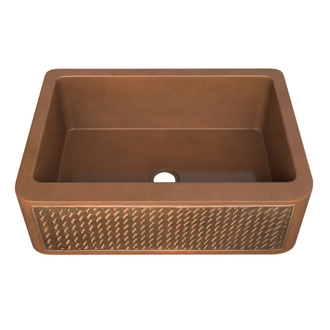 ANZZI Edessa Farmhouse Handmade Copper 30 in. 0-Hole Single Bowl Kitchen Sink with Weave Design Panel in Polished Antique Copper