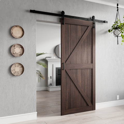 ANZZI Skocjan Series 36 in. x 84 in. Rustic Wood Finish MDF Interior Sliding Barn Door with Hardware Kit in Matte Black