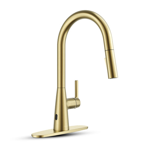 Modern 16 in. 1-Handle Touchless Pull-Down Kitchen Faucet in Satin Brass with Motion Sensor and Dual Spray Modes