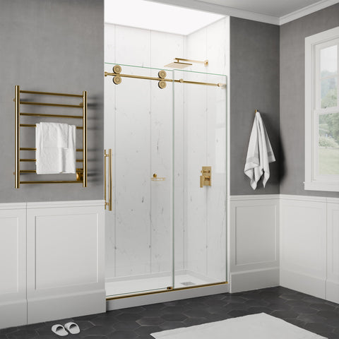 ANZZI Series 56 to 60 in. x 76 in. Frameless Shower Door with Sliding in Brushed Gold with Tsunami Guard Tempered Clear Glass