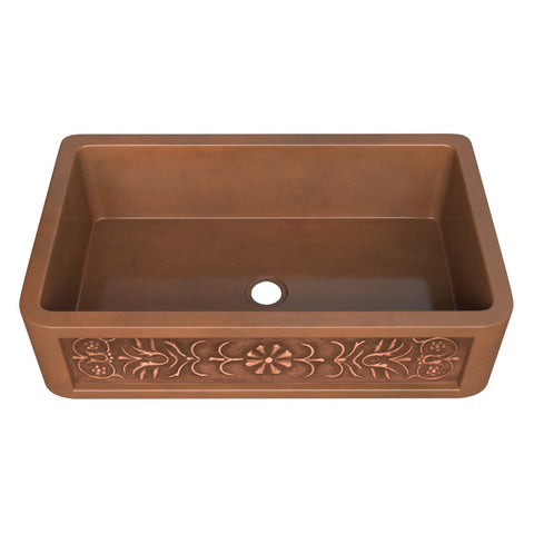 ANZZI Thracian Farmhouse Handmade Copper 36 in. 0-Hole Single Bowl Kitchen Sink with Flower Design Panel in Polished Antique Copper