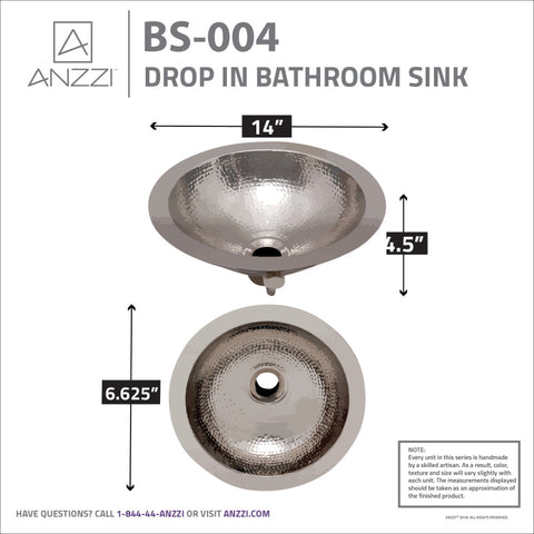 Julian 14 in. Handmade Drop-in Bathroom Sink with Overflow in Hammered Nickel