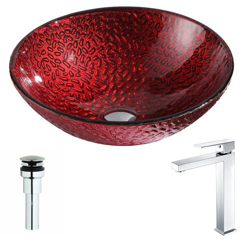 LSAZ080-096 - ANZZI Rhythm Series Deco-Glass Vessel Sink in Lustrous Red with Enti Faucet in Polished Chrome