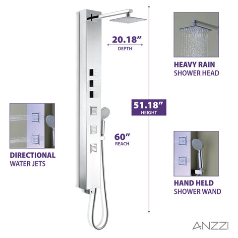 ANZZI Lann 53 in. 3-Jetted Full Body Shower Panel with Heavy Rain Showerhead and Spray Wand in Chrome