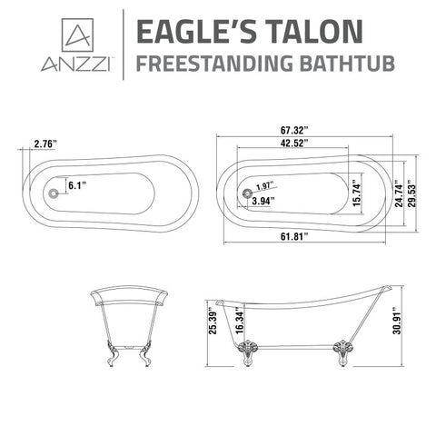 ANZZI 67.32” Diamante Slipper-Style Acrylic Claw Foot Tub in White