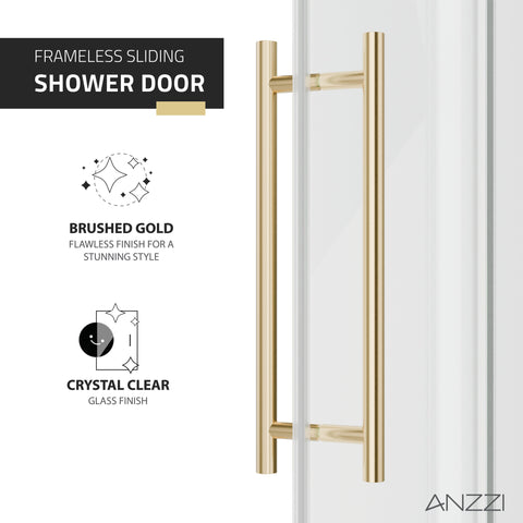 ANZZI 60" x 76" Frameless Sliding Shower Door, 3/8" TSUNAMI GUARD Glass, Exposed Rollers and RHINO ALLOY Hardware, Brushed Gold
