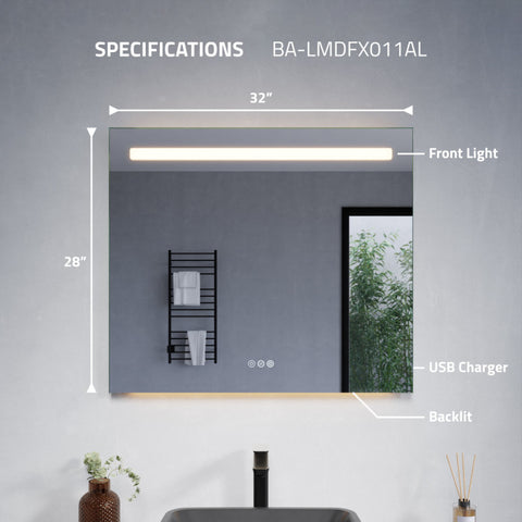 ANZZI 28-in. x 32-in. LED Front/Top/Bottom Light Bathroom Mirror with Defogger