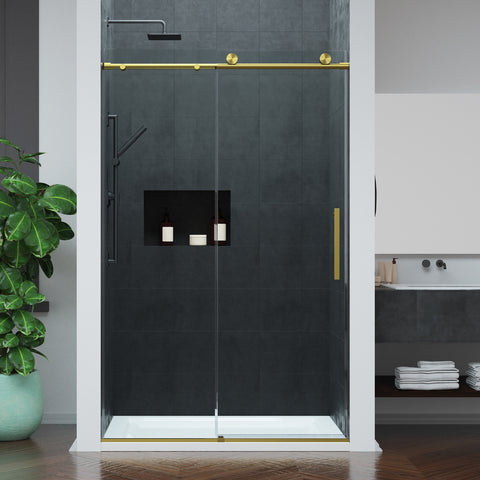 Mountain 48 in Reversible Frameless Sliding Glass Shower Door with Soft-Close System and Brushed Gold Finish