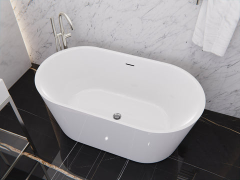 Chand Series 55 in. x 30 in. Flat Bottom Acrylic Freestanding Soaking Bathtub with Center Drain in Glossy White