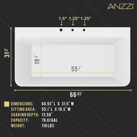 ANZZI VAULT 67 in. Acrylic Flatbottom Freestanding Bathtub in White with Pre-Drilled Deck Mount