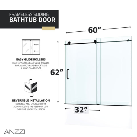 60 in. x 62 in. Frameless Sliding Tub Door in Matte Black