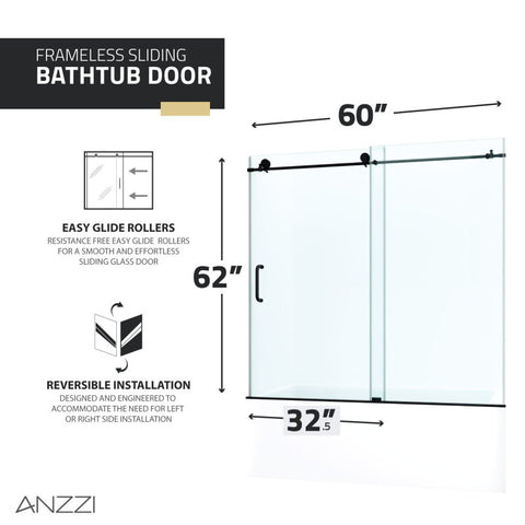 ANZZI Raymore Series 60 in. x 62 in. Frameless Sliding Tub Door