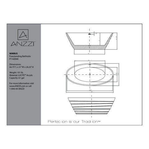 ANZZI Nimbus 5.6 ft. Acrylic Center Drain Freestanding Bathtub in Glossy White