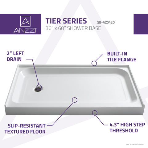 36 x 60 in. Left Drain Single Threshold Shower Base in White