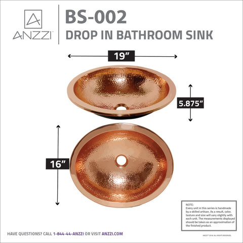 ANZZI Seyhan 19 in. Handmade Drop-in Oval Bathroom Sink in Hammered Copper