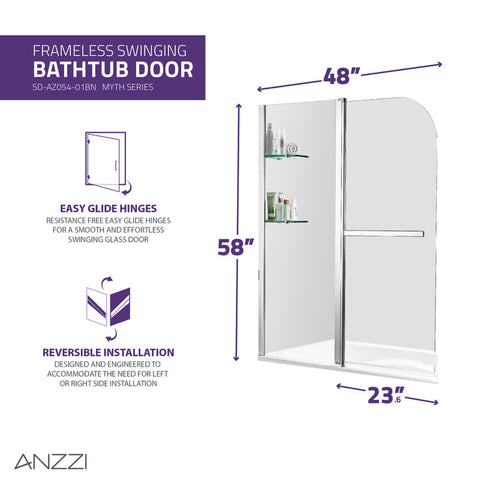 ANZZI Galleon 48 in. x 58 in. Frameless Tub Door with TSUNAMI GUARD