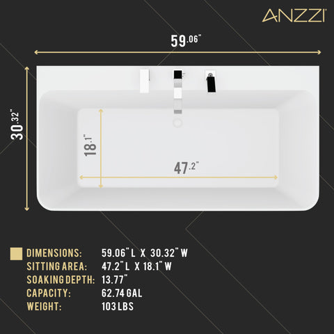 ANZZI VAULT 59 in. Acrylic Flatbottom Freestanding Bathtub in White with Deck Mount Faucet & Hand Sprayer