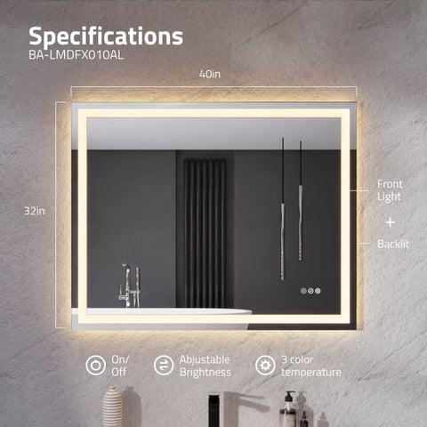 ANZZI 32-in. x 40-in. LED Front Lighting Bathroom Mirror with Defogger