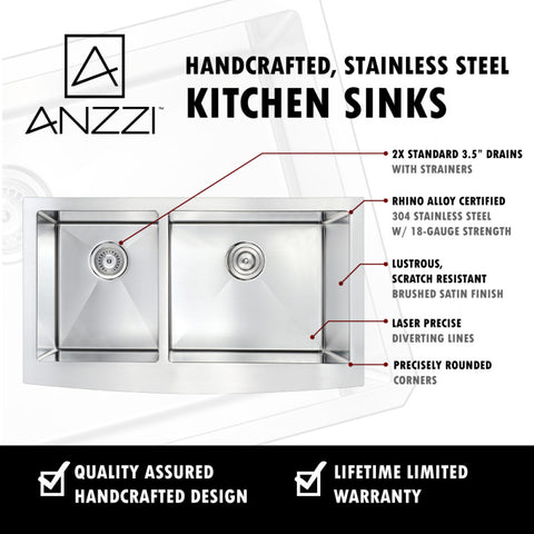 ANZZI ELYSIAN Series 36 in. Farm House 40/60 Dual Basin Handmade Stainless Steel Kitchen Sink