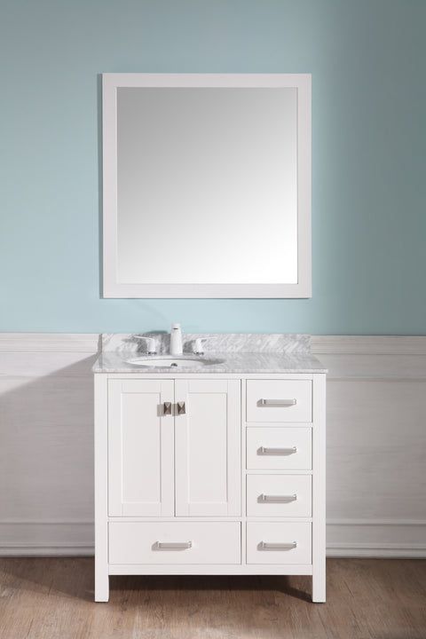 ANZZI Chateau Series 36 in. W x 22 in. D Bathroom Bath Vanity Set in White with Carrara White Marble Top with White Sink and Mirror