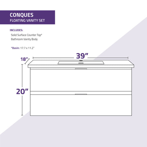 ANZZI Conques 39 in W x 20 in H x 18 in D Bath Vanity with Cultured Marble Vanity Top in White with White Basin