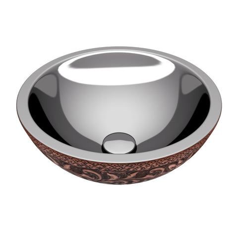 ANZZI Crete 14 in.  Handmade Vessel Sink in Polished Antique Copper with Nickel Interior and Floral Design Exterior