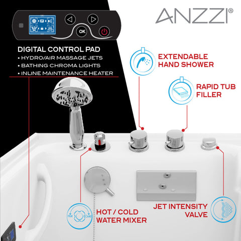 ANZZI Left Drain FULLY LOADED Wheelchair Access Walk-in Tub with Air and Whirlpool Jets Hot Tub | Quick Fill Waterfall Tub Filler with 6 Setting Handheld Shower Sprayer | Including Aromatherapy, LED Lights, V-Shaped Back Jets, and Auto Drain | 2953WCLWD