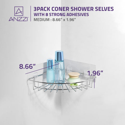 3-Piece Corner Shower Caddy Shelf Set with 8 Adhesive in Chrome