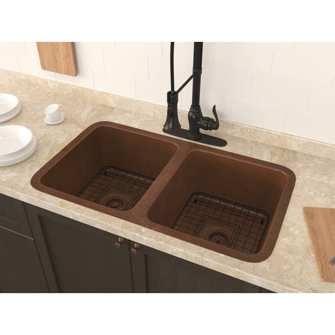 SK-032 - ANZZI Eastern Drop-in Handmade Copper 32 in. 0-Hole 50/50 Double Bowl Kitchen Sink in Hammered Antique Copper