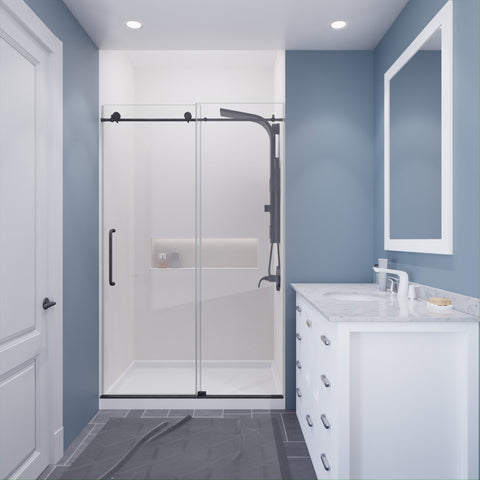 Madam Series 44 to 48 in. by 76 in. Frameless Sliding Shower Door in Gunmetal with Clear Tempered Glass and Tsunami Guard
