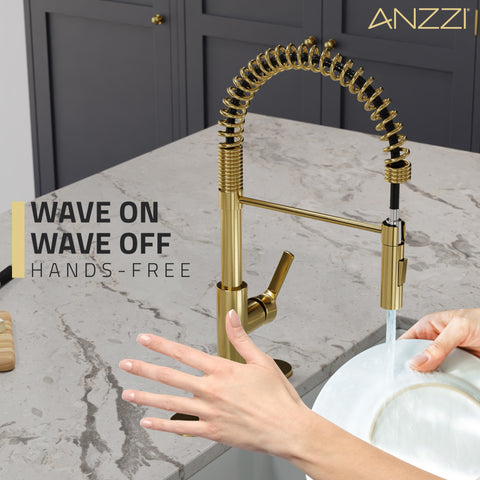 Ola Hands Free Touchless 1-Handle Pull-Down Sprayer Kitchen Faucet with Motion Sense and Fan Sprayer in Brushed Gold